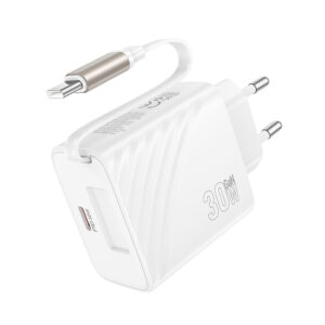 Φορτιστής Ταξιδίου Hoco N58  PD30W GaN με 1xUSB-C Θύρα και Αναδιπλούμενο Καλώδιο USB-C 65cm Λευκός