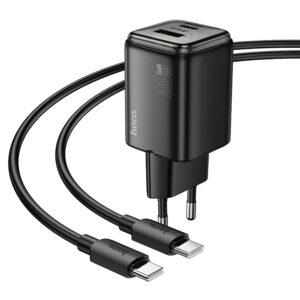 Φορτιστής Ταξιδίου Small Size Hoco N53 Monsoon PD30W QC3.0A GaN με 1xUSB-C και 1xUSB-A + Καλώδιο Φόρτισης Type-C σε Type-C 1m Μαύρος