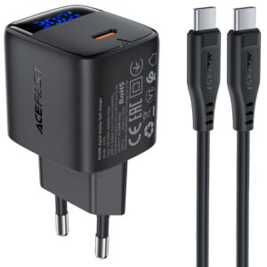 Φορτιστής Ταξιδίου Acefast A115 Fast Charging USB-C PD30W 3.0A GaN με LED Ένδειξη Φόρτισης + Καλώδιο USB-C σε USB-C Μαύρος